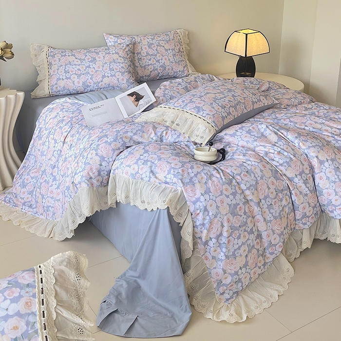 91家纺网 家纺一手货源 找家纺 梧桐树 2025新款全棉印花四件套系列-花边款 H02露娜-蓝