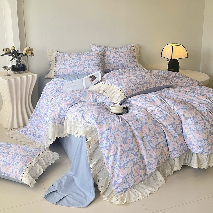 91家纺网 家纺一手货源 找家纺 梧桐树 2025新款全棉印花四件套系列-花边款 H02露娜-蓝