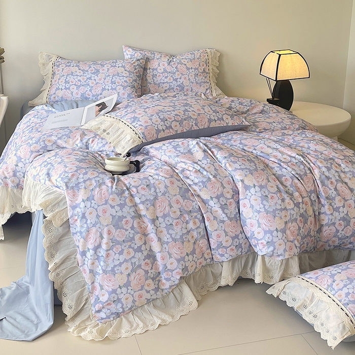 91家纺网 家纺一手货源 找家纺 梧桐树 2025新款全棉印花四件套系列-花边款 H02露娜-蓝