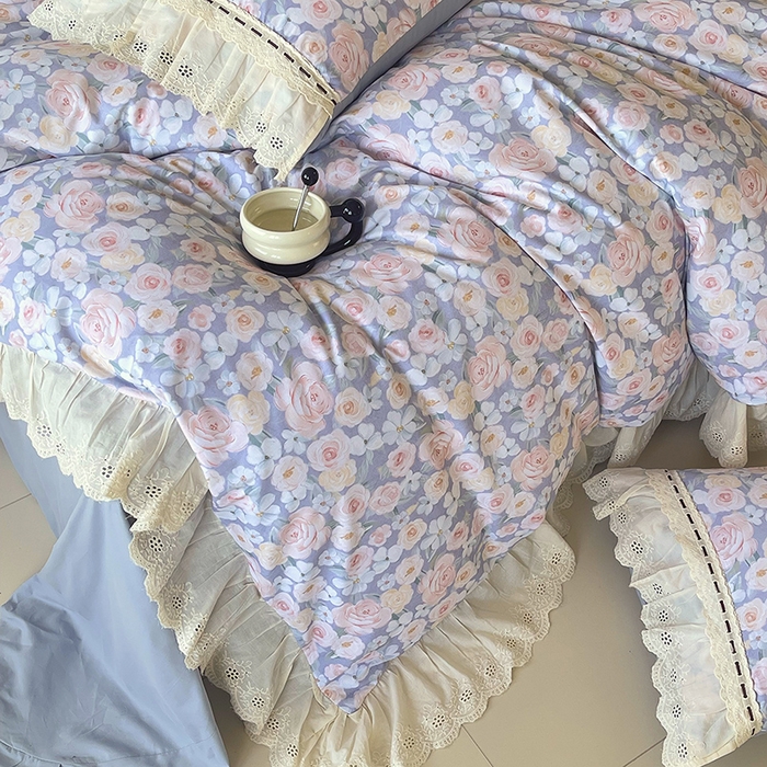 91家纺网 家纺一手货源 找家纺 梧桐树 2025新款全棉印花四件套系列-花边款 H02露娜-蓝