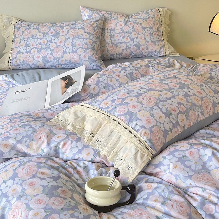 91家纺网 家纺一手货源 找家纺 梧桐树 2025新款全棉印花四件套系列-花边款 H02露娜-蓝