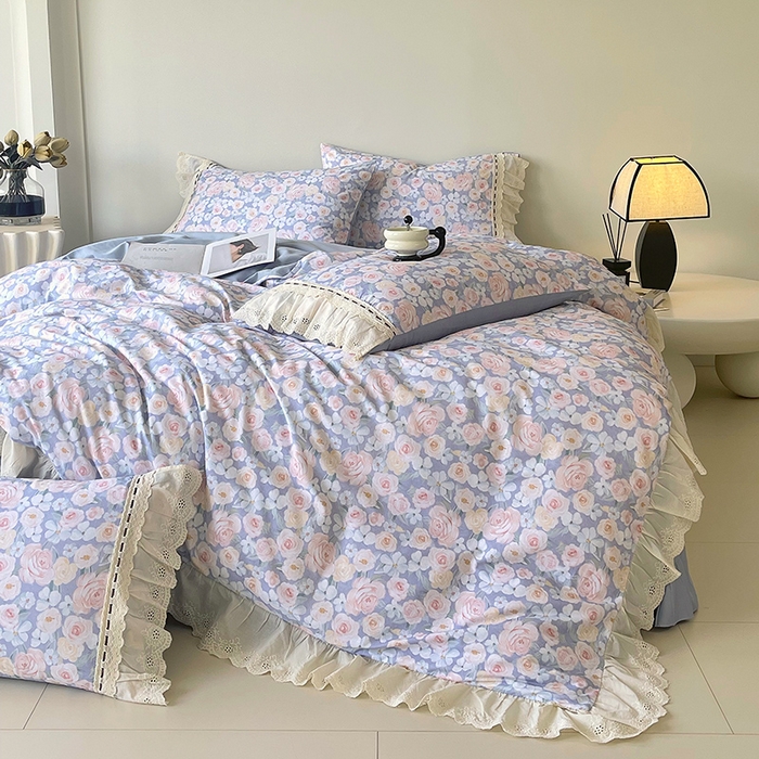 91家纺网 家纺一手货源 找家纺 梧桐树 2025新款全棉印花四件套系列-花边款 H02露娜-蓝