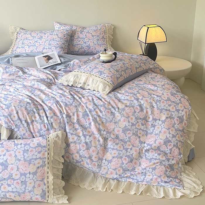 91家纺网 家纺一手货源 找家纺 梧桐树 2025新款全棉印花四件套系列-花边款 H02露娜-蓝