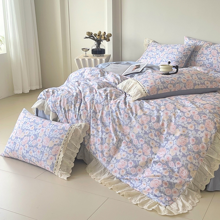 91家纺网 家纺一手货源 找家纺 梧桐树 2025新款全棉印花四件套系列-花边款 H02露娜-蓝