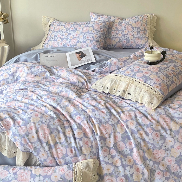 91家纺网 家纺一手货源 找家纺 梧桐树 2025新款全棉印花四件套系列-花边款 H02露娜-蓝