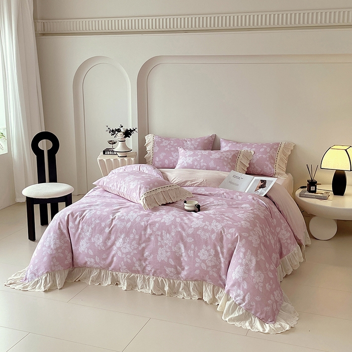 91家纺网 家纺一手货源 找家纺 梧桐树 2025新款全棉印花四件套系列-花边款 H03兰亭序-粉