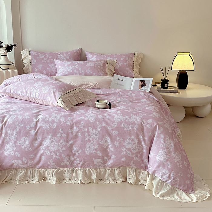 91家纺网 家纺一手货源 找家纺 梧桐树 2025新款全棉印花四件套系列-花边款 H03兰亭序-粉