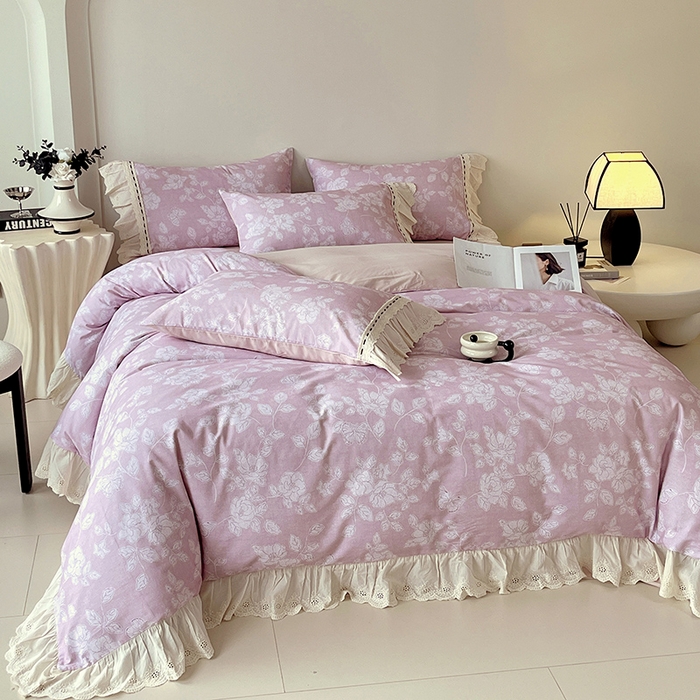 91家纺网 家纺一手货源 找家纺 梧桐树 2025新款全棉印花四件套系列-花边款 H03兰亭序-粉