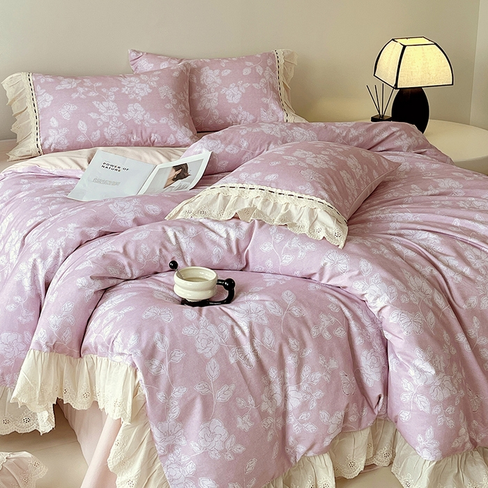 91家纺网 家纺一手货源 找家纺 梧桐树 2025新款全棉印花四件套系列-花边款 H03兰亭序-粉