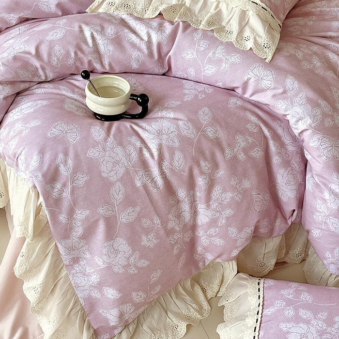 91家纺网 家纺一手货源 找家纺 梧桐树 2025新款全棉印花四件套系列-花边款 H03兰亭序-粉