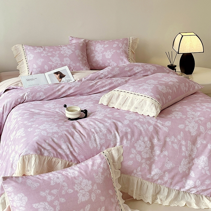 91家纺网 家纺一手货源 找家纺 梧桐树 2025新款全棉印花四件套系列-花边款 H03兰亭序-粉