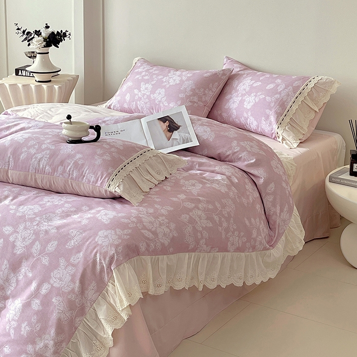 91家纺网 家纺一手货源 找家纺 梧桐树 2025新款全棉印花四件套系列-花边款 H03兰亭序-粉