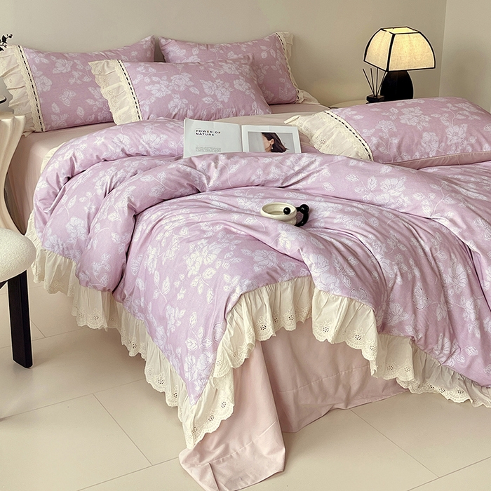 91家纺网 家纺一手货源 找家纺 梧桐树 2025新款全棉印花四件套系列-花边款 H03兰亭序-粉