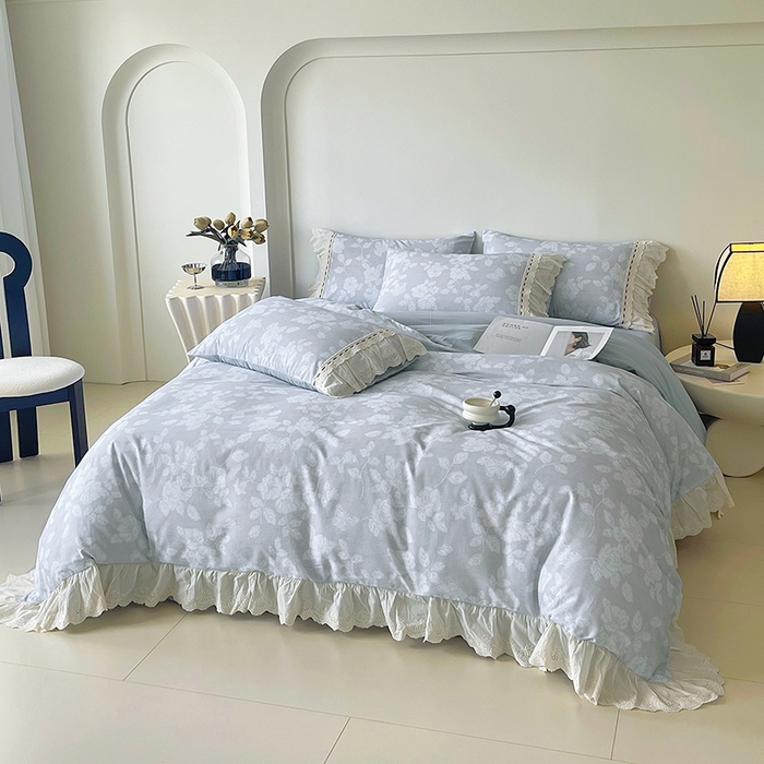 91家纺网 家纺一手货源 找家纺 梧桐树 2025新款全棉印花四件套系列-花边款 H04兰亭序-灰