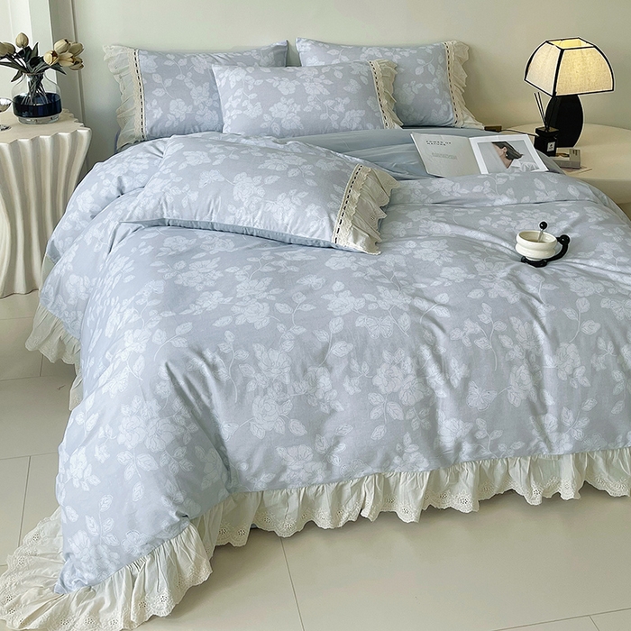 91家纺网 家纺一手货源 找家纺 梧桐树 2025新款全棉印花四件套系列-花边款 H04兰亭序-灰