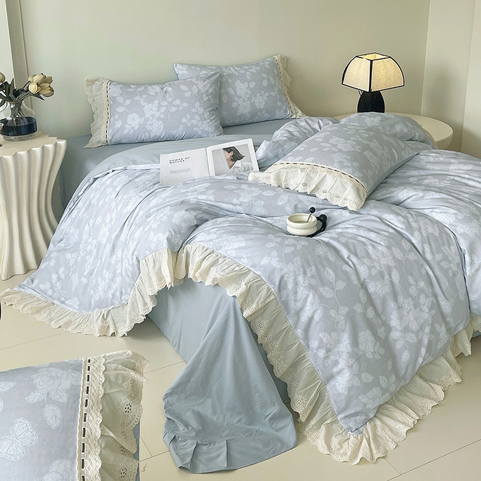 91家纺网 家纺一手货源 找家纺 梧桐树 2025新款全棉印花四件套系列-花边款 H04兰亭序-灰