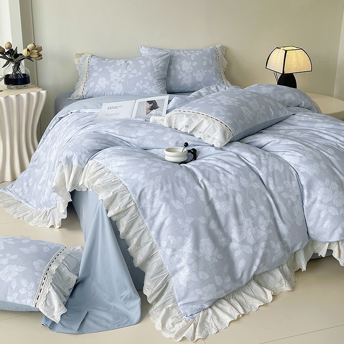 91家纺网 家纺一手货源 找家纺 梧桐树 2025新款全棉印花四件套系列-花边款 H04兰亭序-灰