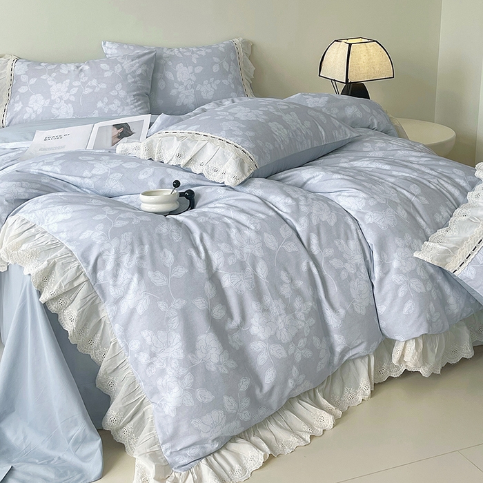 91家纺网 家纺一手货源 找家纺 梧桐树 2025新款全棉印花四件套系列-花边款 H04兰亭序-灰