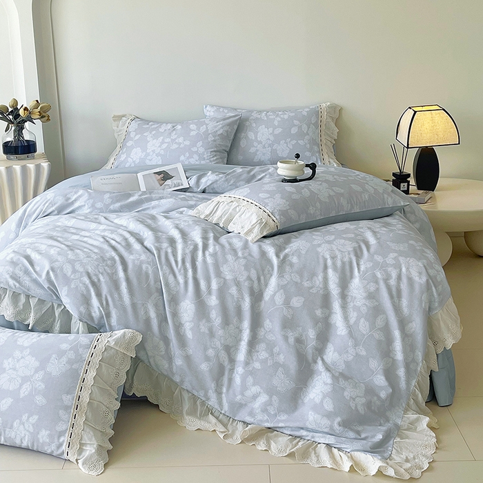 91家纺网 家纺一手货源 找家纺 梧桐树 2025新款全棉印花四件套系列-花边款 H04兰亭序-灰