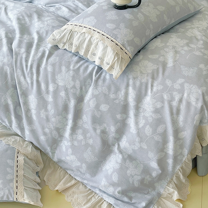 91家纺网 家纺一手货源 找家纺 梧桐树 2025新款全棉印花四件套系列-花边款 H04兰亭序-灰