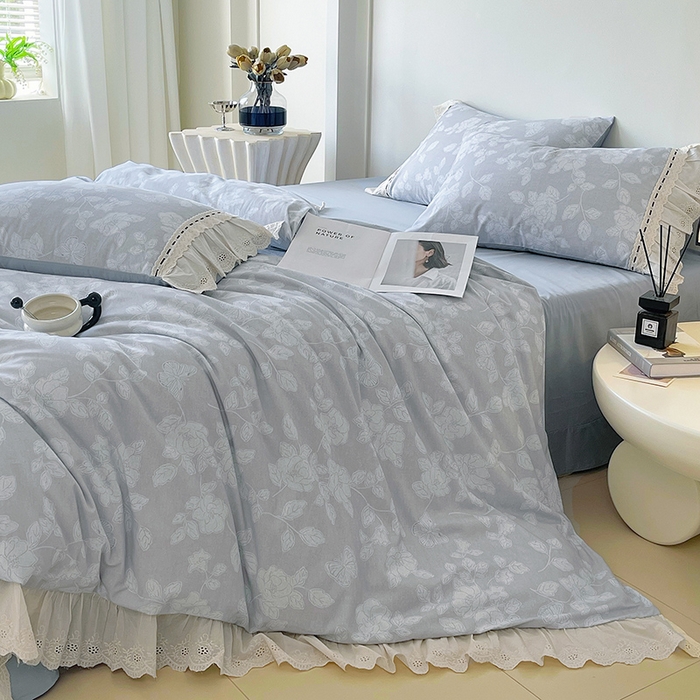 91家纺网 家纺一手货源 找家纺 梧桐树 2025新款全棉印花四件套系列-花边款 H04兰亭序-灰