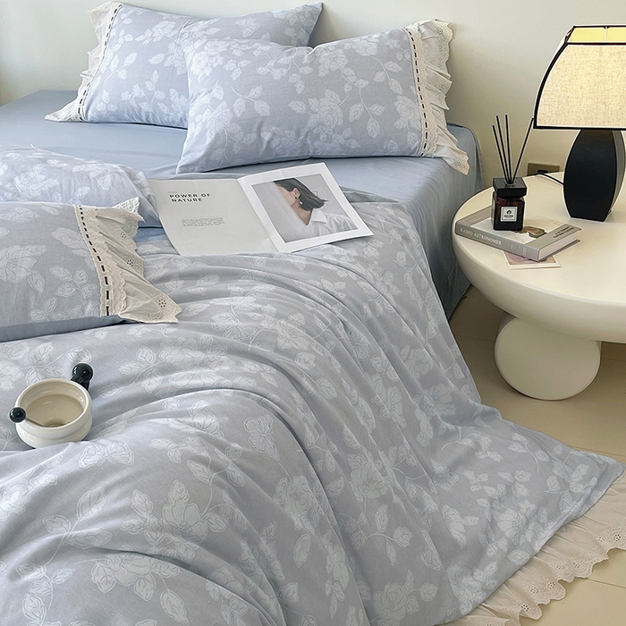 91家纺网 家纺一手货源 找家纺 梧桐树 2025新款全棉印花四件套系列-花边款 H04兰亭序-灰