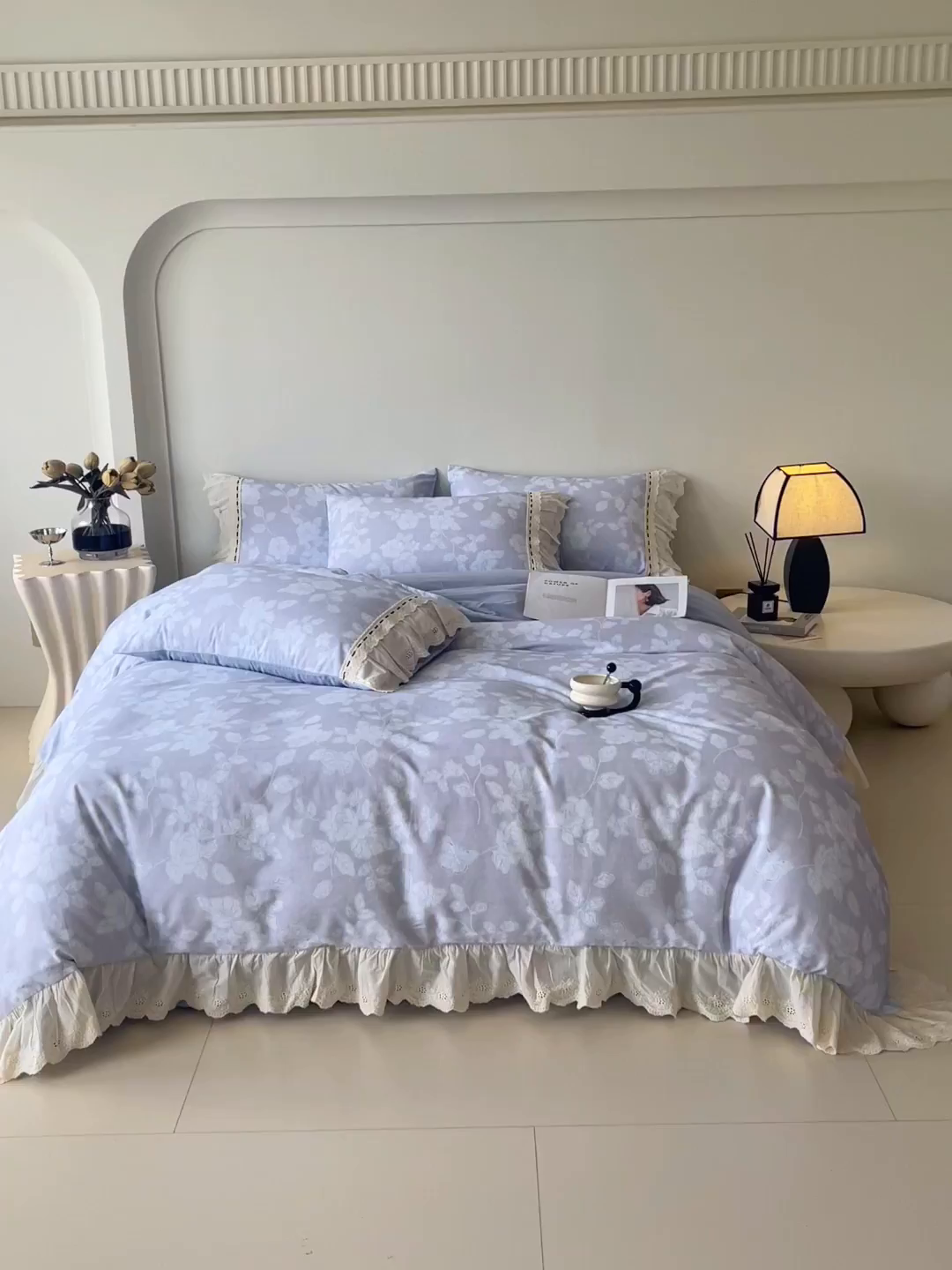 91家纺网 家纺一手货源 找家纺 梧桐树 2025新款全棉印花四件套系列-花边款 H04兰亭序-灰