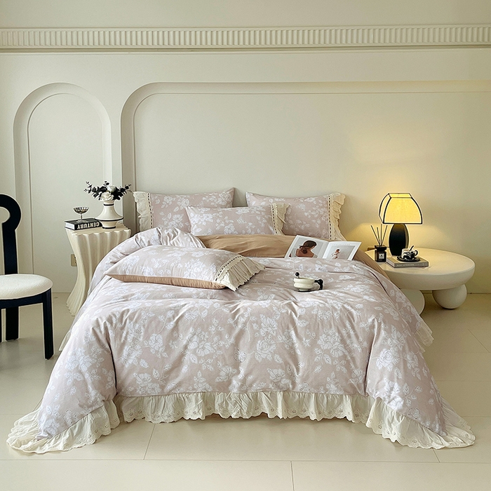 91家纺网 家纺一手货源 找家纺 梧桐树 2025新款全棉印花四件套系列-花边款 H05兰亭序-咖