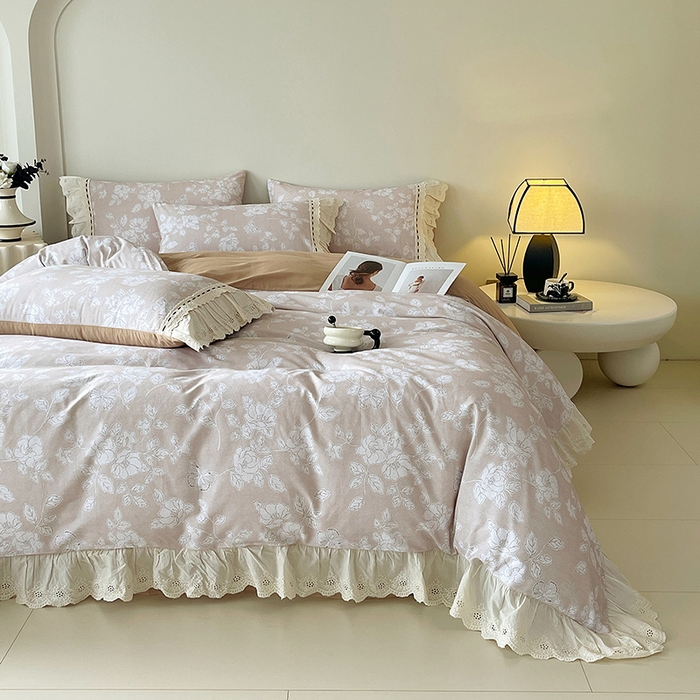 91家纺网 家纺一手货源 找家纺 梧桐树 2025新款全棉印花四件套系列-花边款 H05兰亭序-咖