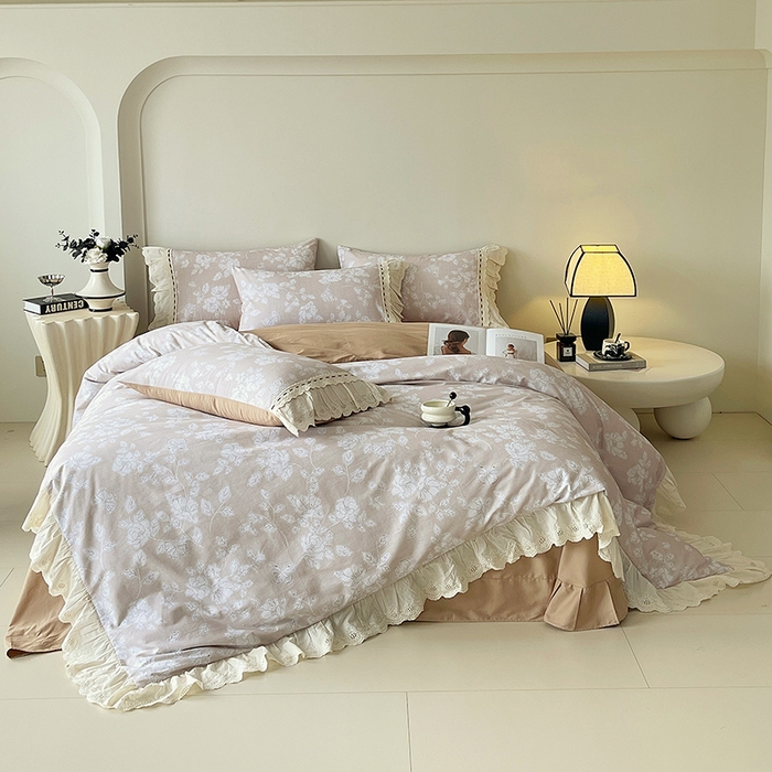 91家纺网 家纺一手货源 找家纺 梧桐树 2025新款全棉印花四件套系列-花边款 H05兰亭序-咖