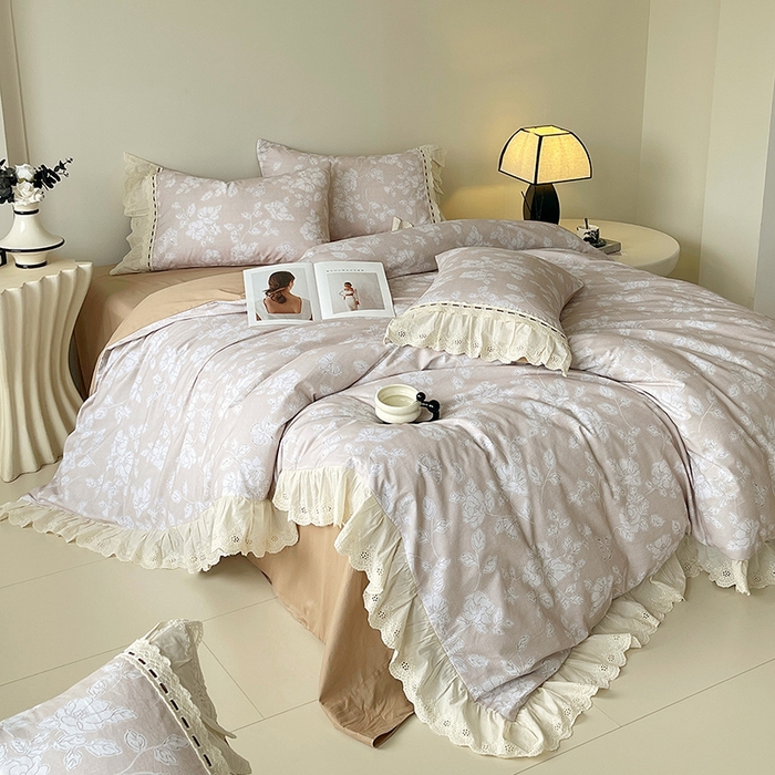 91家纺网 家纺一手货源 找家纺 梧桐树 2025新款全棉印花四件套系列-花边款 H05兰亭序-咖