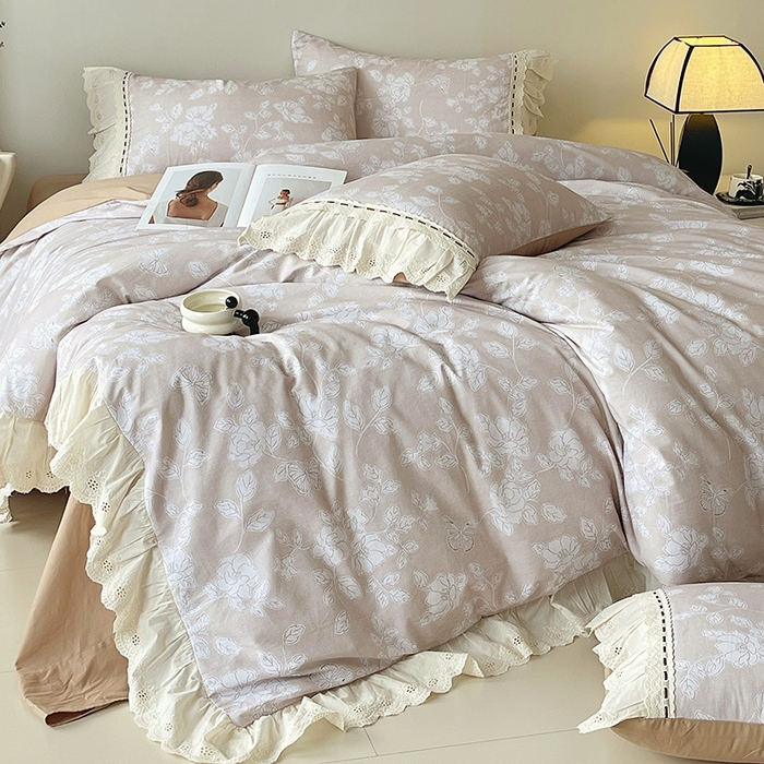 91家纺网 家纺一手货源 找家纺 梧桐树 2025新款全棉印花四件套系列-花边款 H05兰亭序-咖