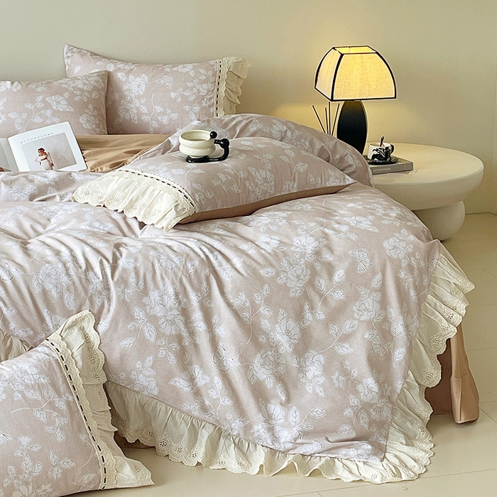 91家纺网 家纺一手货源 找家纺 梧桐树 2025新款全棉印花四件套系列-花边款 H05兰亭序-咖