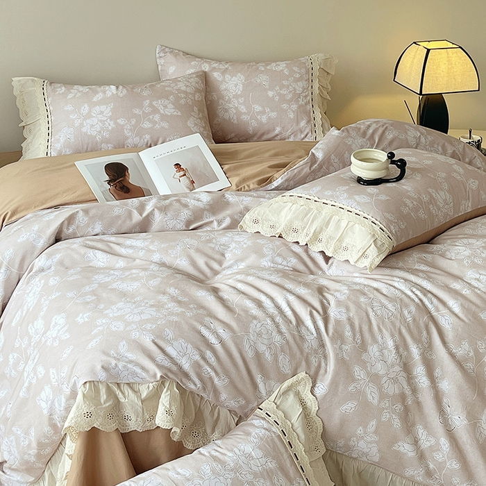 91家纺网 家纺一手货源 找家纺 梧桐树 2025新款全棉印花四件套系列-花边款 H05兰亭序-咖