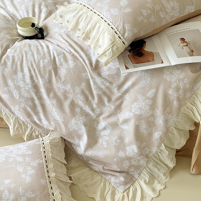 91家纺网 家纺一手货源 找家纺 梧桐树 2025新款全棉印花四件套系列-花边款 H05兰亭序-咖