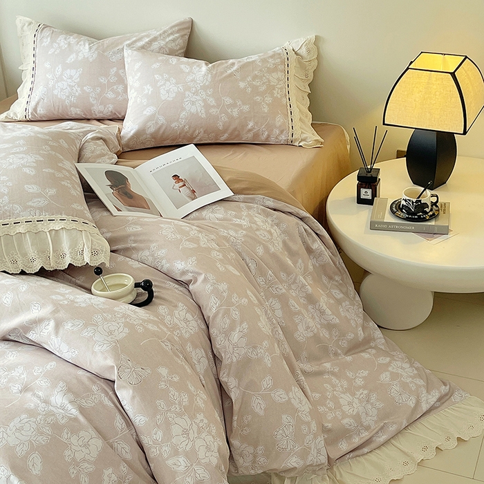 91家纺网 家纺一手货源 找家纺 梧桐树 2025新款全棉印花四件套系列-花边款 H05兰亭序-咖