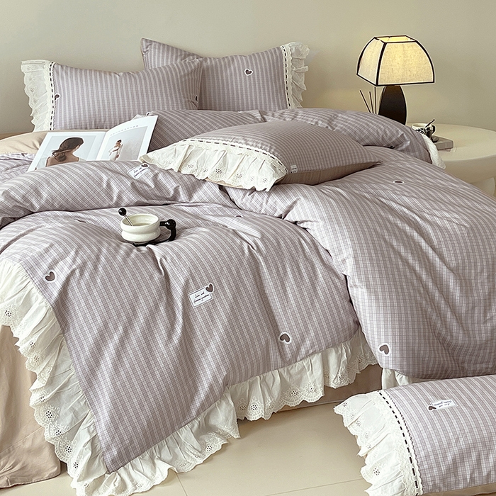 91家纺网 家纺一手货源 找家纺 梧桐树 2025新款全棉印花四件套系列-花边款 H06露斯-咖