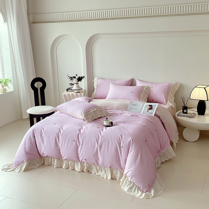 91家纺网 家纺一手货源 找家纺 梧桐树 2025新款全棉印花四件套系列-花边款 H07露斯-粉