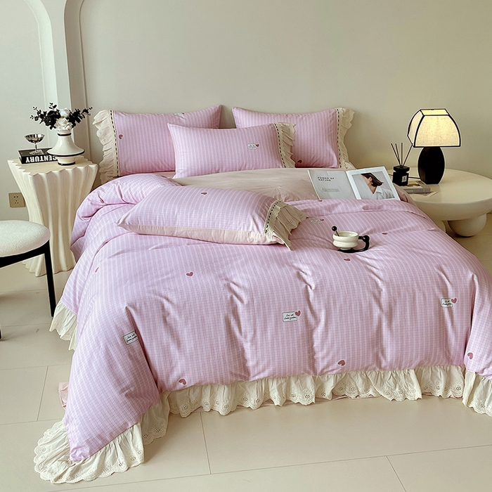 91家纺网 家纺一手货源 找家纺 梧桐树 2025新款全棉印花四件套系列-花边款 H07露斯-粉