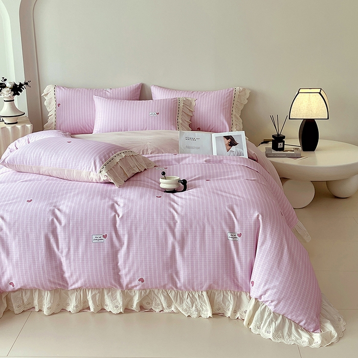 91家纺网 家纺一手货源 找家纺 梧桐树 2025新款全棉印花四件套系列-花边款 H07露斯-粉