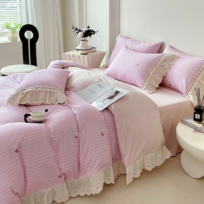 91家纺网 家纺一手货源 找家纺 梧桐树 2025新款全棉印花四件套系列-花边款 H07露斯-粉