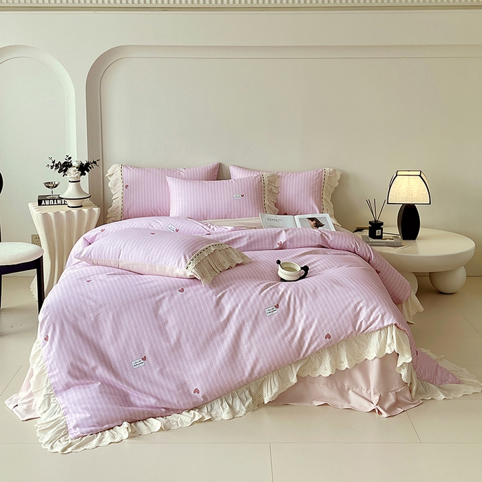 91家纺网 家纺一手货源 找家纺 梧桐树 2025新款全棉印花四件套系列-花边款 H07露斯-粉