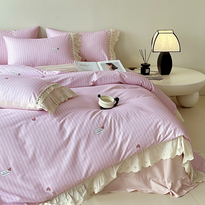 91家纺网 家纺一手货源 找家纺 梧桐树 2025新款全棉印花四件套系列-花边款 H07露斯-粉