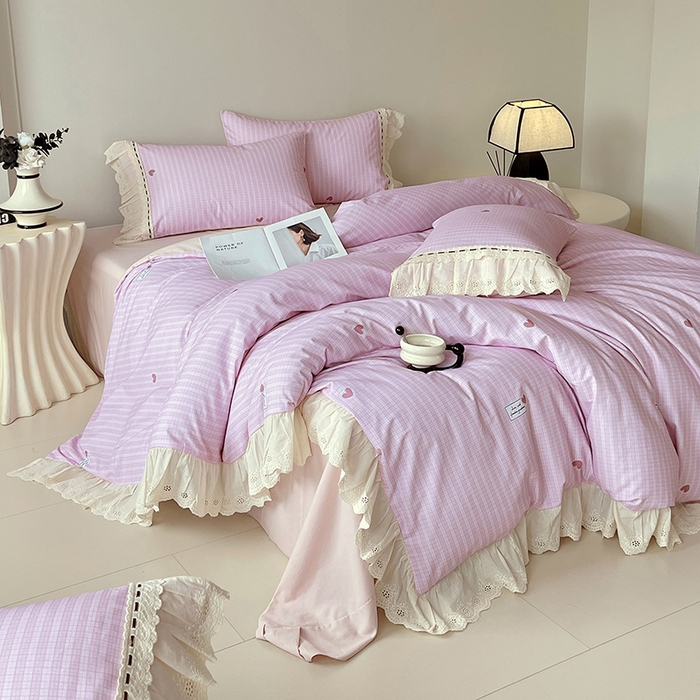 91家纺网 家纺一手货源 找家纺 梧桐树 2025新款全棉印花四件套系列-花边款 H07露斯-粉