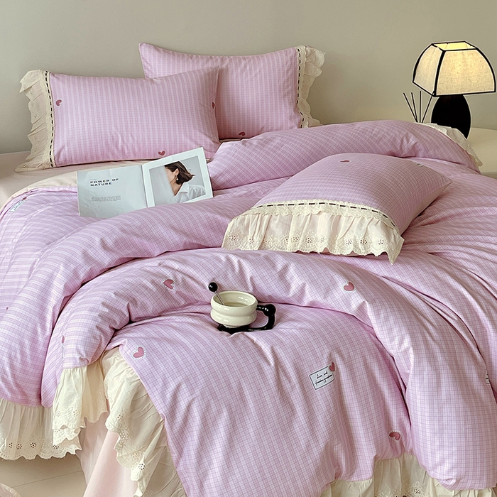 91家纺网 家纺一手货源 找家纺 梧桐树 2025新款全棉印花四件套系列-花边款 H07露斯-粉