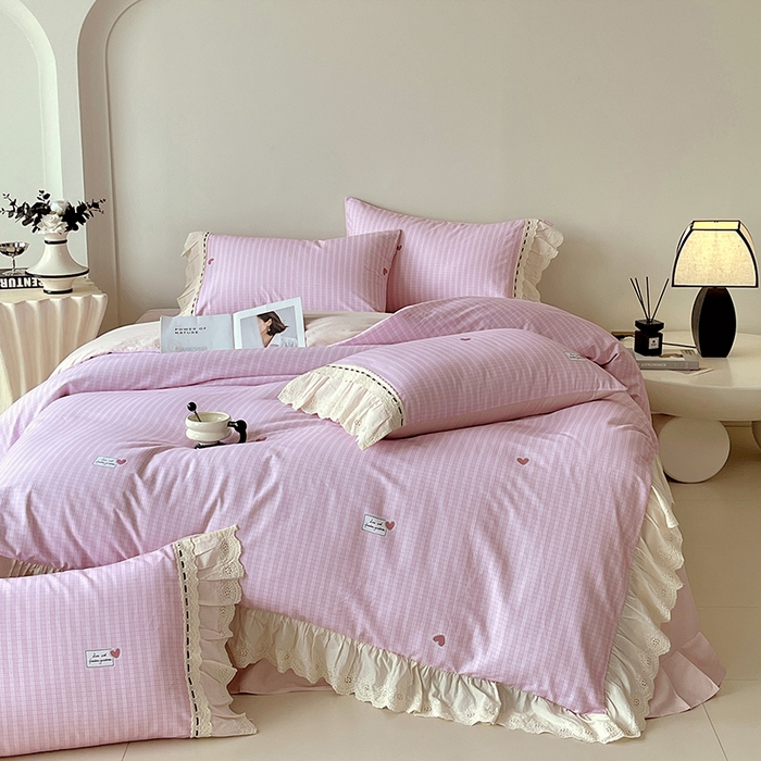 91家纺网 家纺一手货源 找家纺 梧桐树 2025新款全棉印花四件套系列-花边款 H07露斯-粉