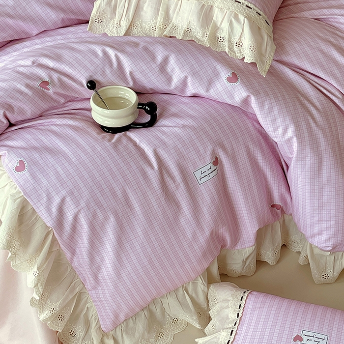 91家纺网 家纺一手货源 找家纺 梧桐树 2025新款全棉印花四件套系列-花边款 H07露斯-粉