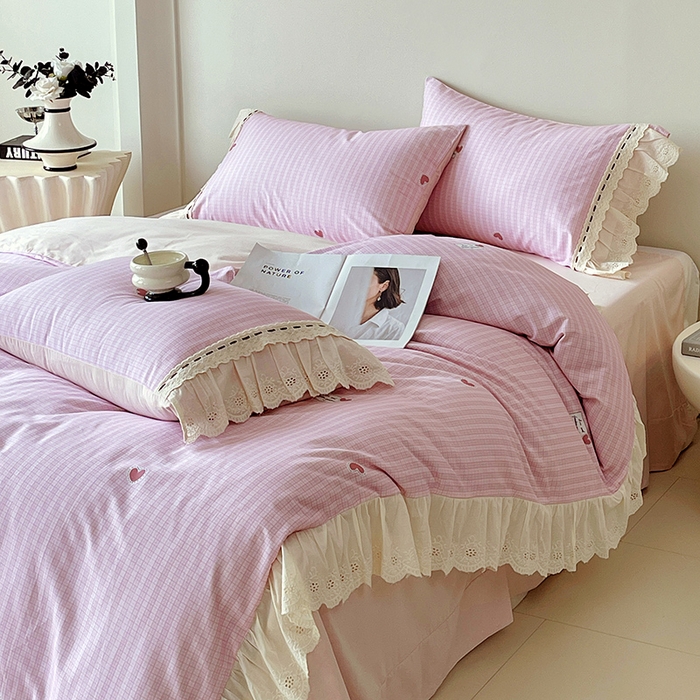 91家纺网 家纺一手货源 找家纺 梧桐树 2025新款全棉印花四件套系列-花边款 H07露斯-粉