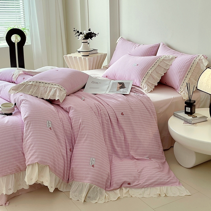 91家纺网 家纺一手货源 找家纺 梧桐树 2025新款全棉印花四件套系列-花边款 H07露斯-粉