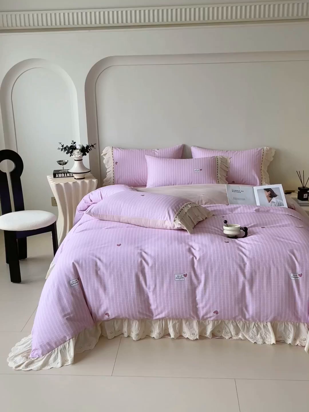 91家纺网 家纺一手货源 找家纺 梧桐树 2025新款全棉印花四件套系列-花边款 H07露斯-粉